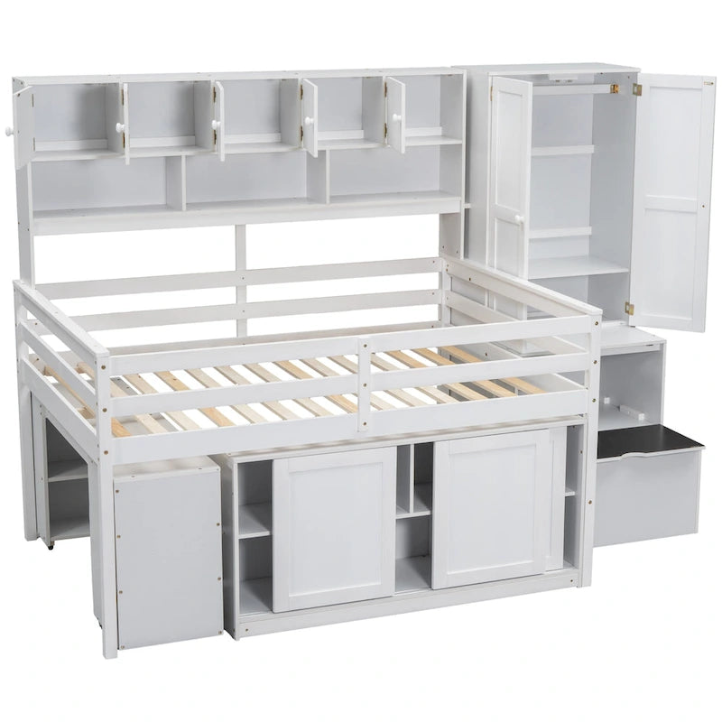 Full Wood Low Loft Bed with Rolling Desk, Wardrobe, Storage Staircase, Under-Bed Cabinet and Overhead Shelving, Gray