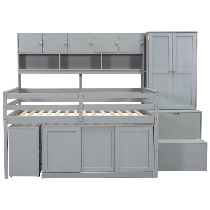 Full Wood Low Loft Bed with Rolling Desk, Wardrobe, Storage Staircase, Under-Bed Cabinet and Overhead Shelving, Gray