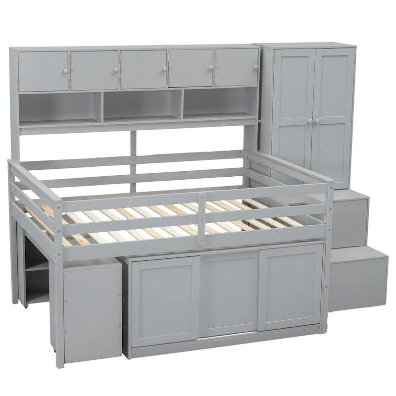 Full Wood Low Loft Bed with Rolling Desk, Wardrobe, Storage Staircase, Under-Bed Cabinet and Overhead Shelving, Gray