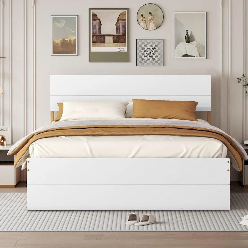 Full Size Wood Platform Bed with Twin Trundle and 2 Underbed Drawers, White+Oak White