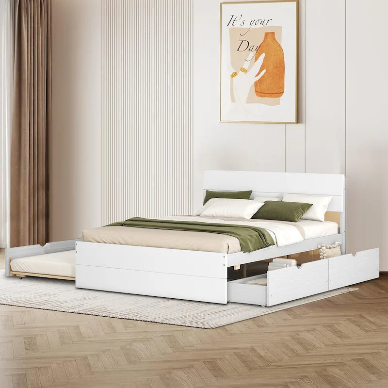 Lit plateforme en bois format Full avec lit gigogne Twin et 2 tiroirs sous le lit, blanc+chêne blanc