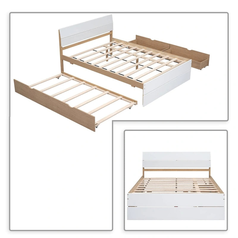 Full Size Wood Platform Bed with Twin Trundle and 2 Underbed Drawers, White+Oak White