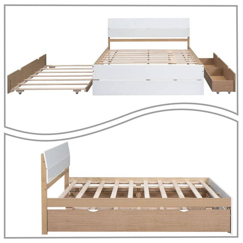 Full Size Wood Platform Bed with Twin Trundle and 2 Underbed Drawers, White+Oak White