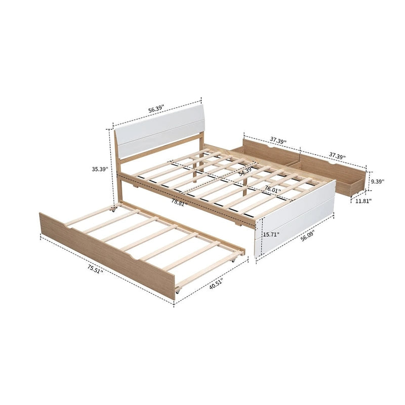 Full Size Wood Platform Bed with Twin Trundle and 2 Underbed Drawers, White+Oak White
