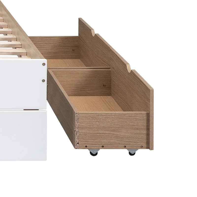 Full Size Wood Platform Bed with Twin Trundle and 2 Underbed Drawers, White+Oak White