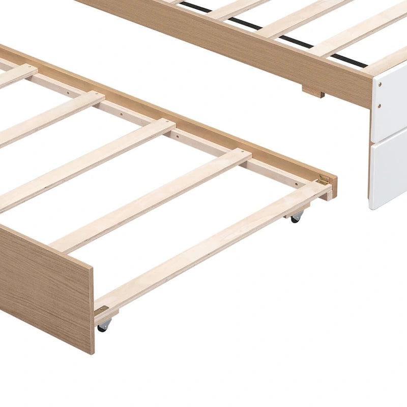 Full Size Wood Platform Bed with Twin Trundle and 2 Underbed Drawers, White+Oak White