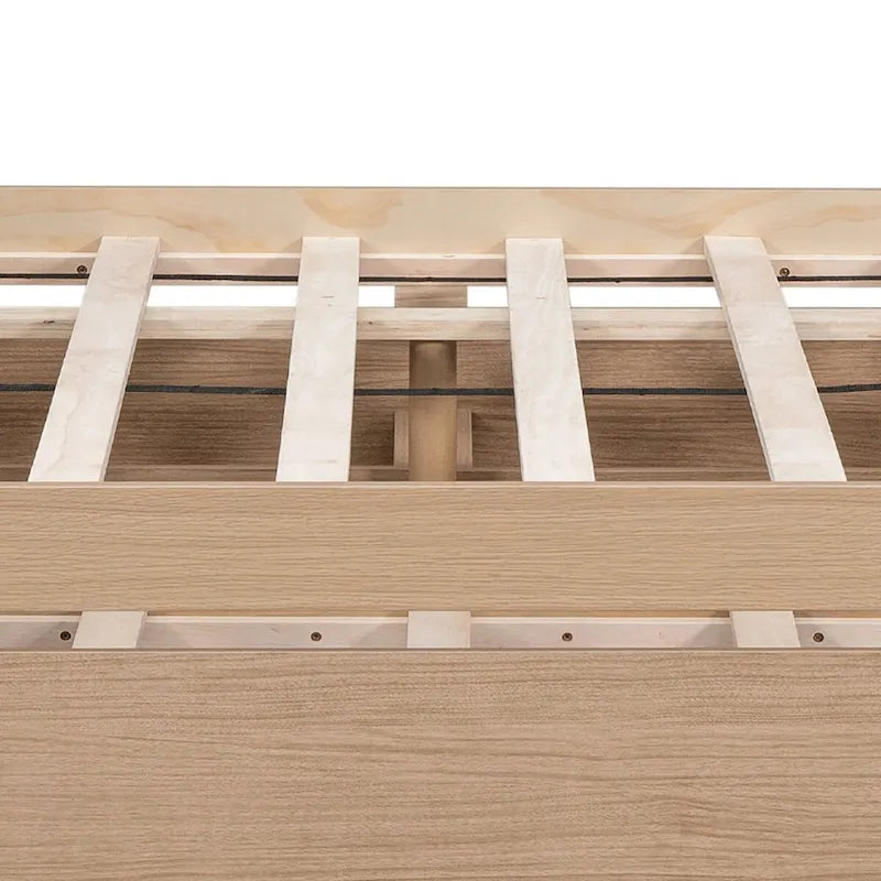 Full Size Wood Platform Bed with Twin Trundle and 2 Underbed Drawers, White+Oak White