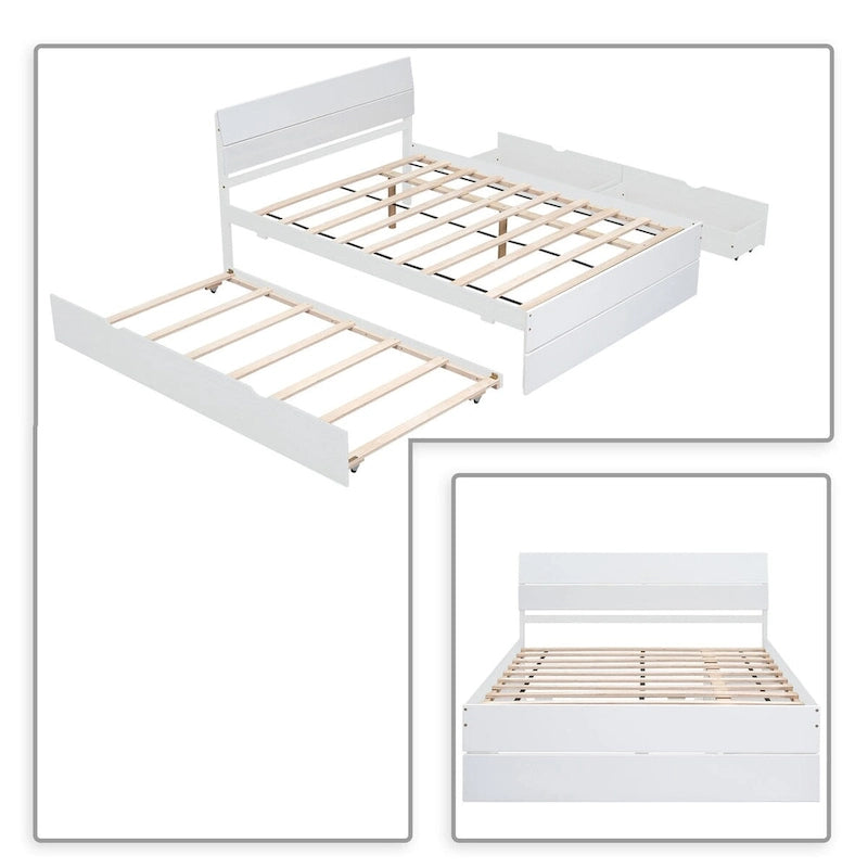 Full Size Wood Platform Bed with Twin Trundle and 2 Underbed Drawers, White+Oak White