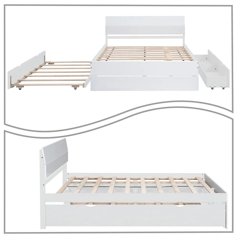 Full Size Wood Platform Bed with Twin Trundle and 2 Underbed Drawers, White+Oak White