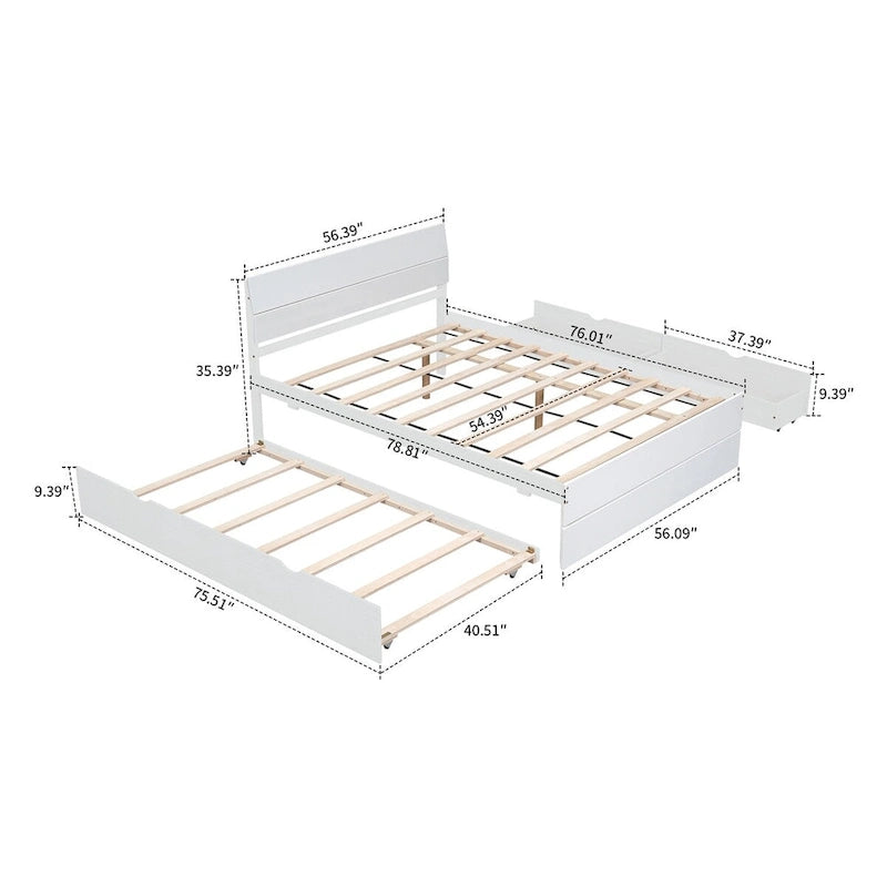 Full Size Wood Platform Bed with Twin Trundle and 2 Underbed Drawers, White+Oak White