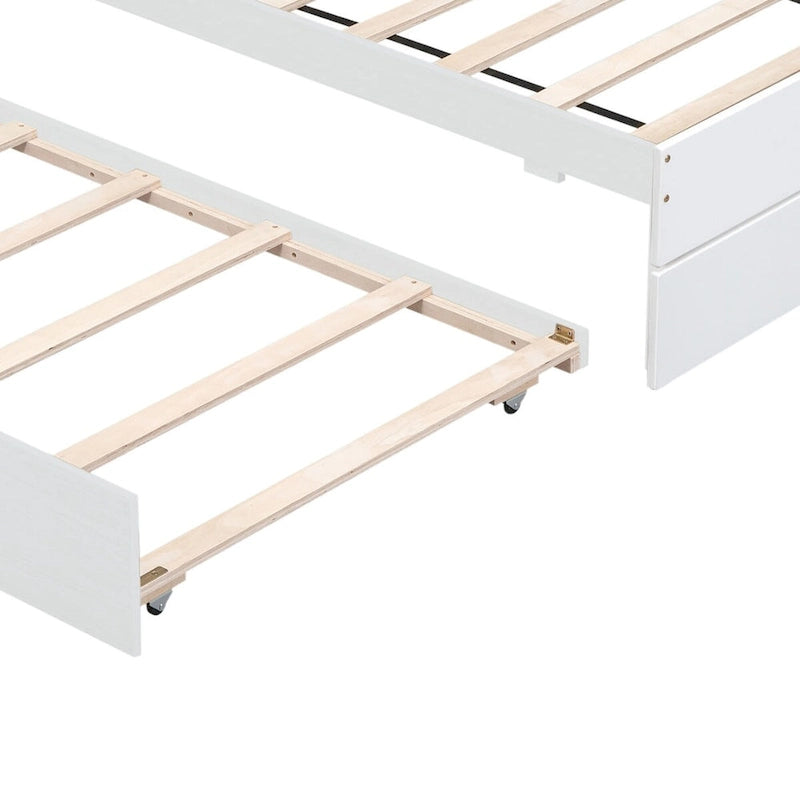 Full Size Wood Platform Bed with Twin Trundle and 2 Underbed Drawers, White+Oak White