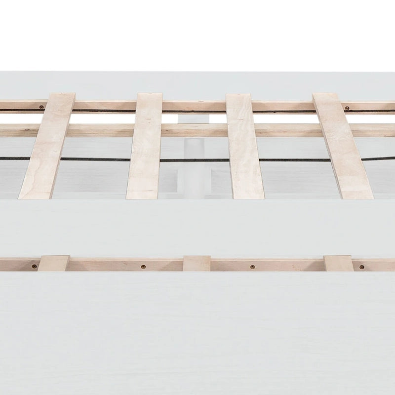 Full Size Wood Platform Bed with Twin Trundle and 2 Underbed Drawers, White+Oak White