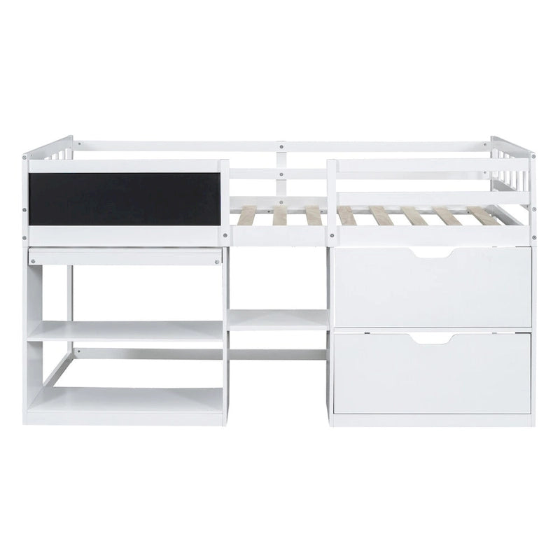 Twin Low Loft Bed with Rolling Desk, Chalkboard, Bookshelf and 2 Drawers, White Gray Espresso
