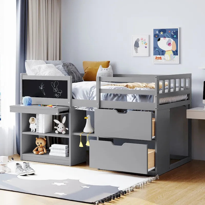 Twin Low Loft Bed with Rolling Desk, Chalkboard, Bookshelf and 2 Drawers, White Gray Espresso
