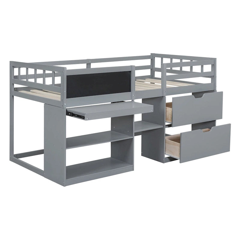 Twin Low Loft Bed with Rolling Desk, Chalkboard, Bookshelf and 2 Drawers, White Gray Espresso