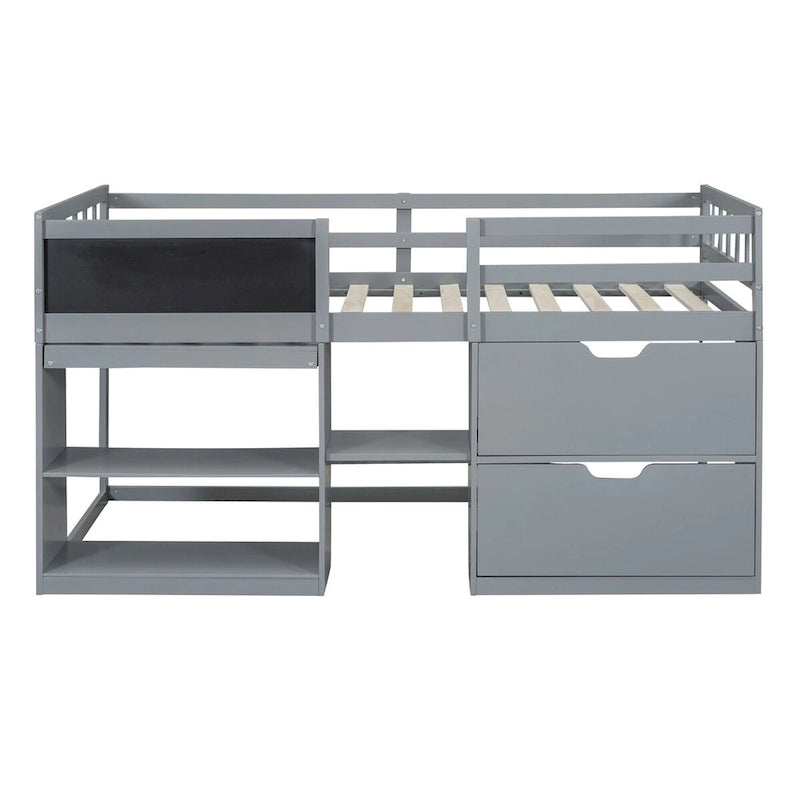 Twin Low Loft Bed with Rolling Desk, Chalkboard, Bookshelf and 2 Drawers, White Gray Espresso