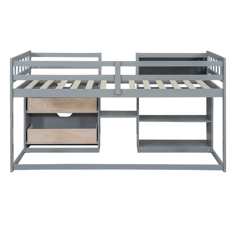 Twin Low Loft Bed with Rolling Desk, Chalkboard, Bookshelf and 2 Drawers, White Gray Espresso