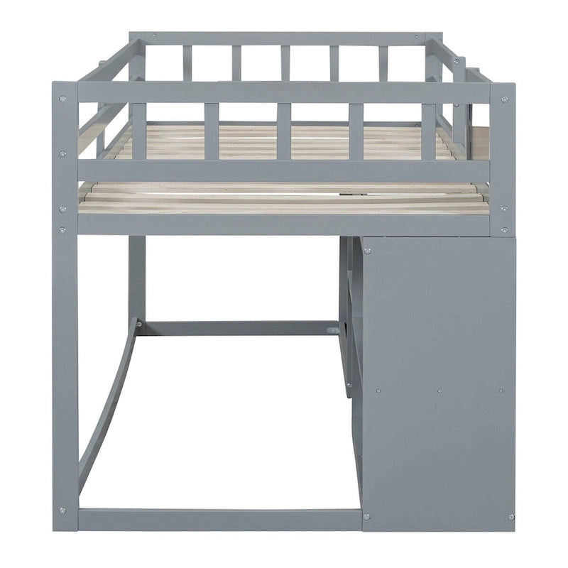 Twin Low Loft Bed with Rolling Desk, Chalkboard, Bookshelf and 2 Drawers, White Gray Espresso