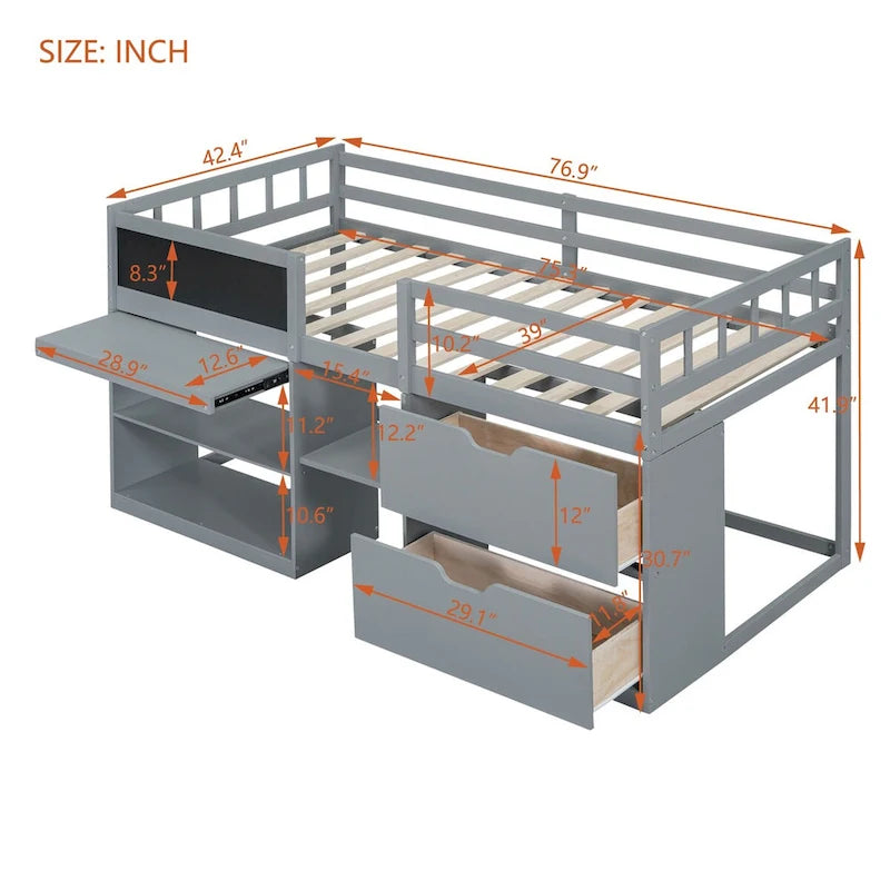 Twin Low Loft Bed with Rolling Desk, Chalkboard, Bookshelf and 2 Drawers, White Gray Espresso