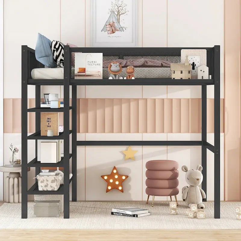 Metal Loft Bed with 4-Tier Shelves, Guard Rail and Under-Bed Workspace, Pink White Black