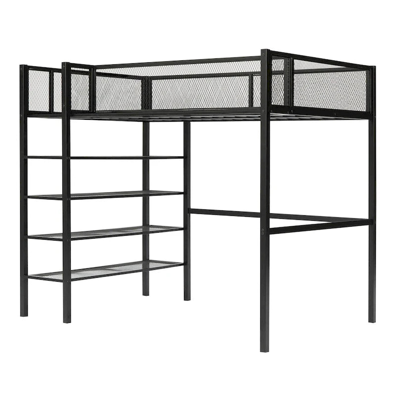 Metal Loft Bed with 4-Tier Shelves, Guard Rail and Under-Bed Workspace, Pink White Black