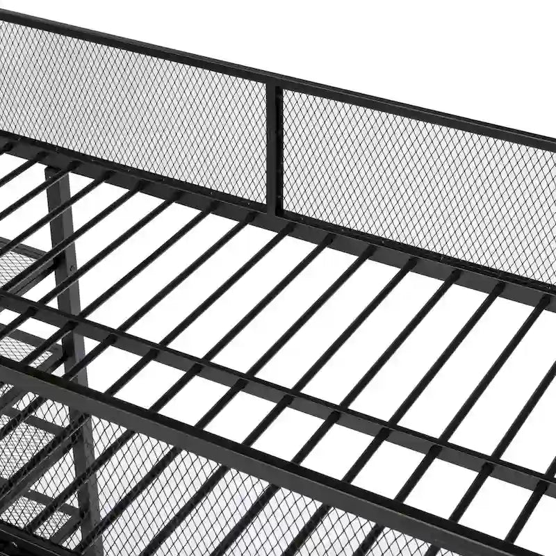 Metal Loft Bed with 4-Tier Shelves, Guard Rail and Under-Bed Workspace, Pink White Black