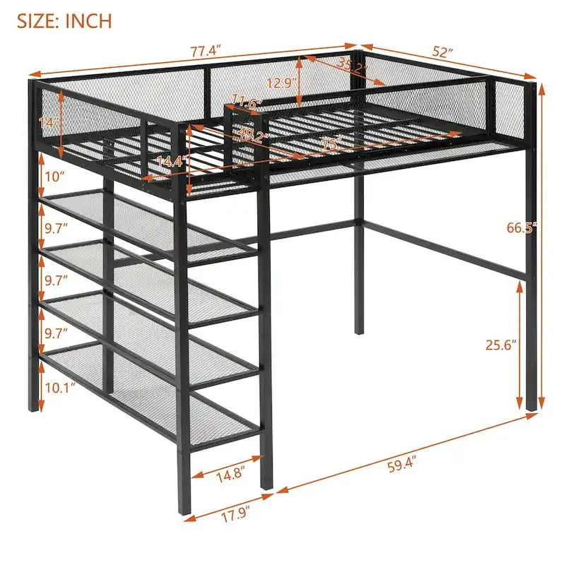 Metal Loft Bed with 4-Tier Shelves, Guard Rail and Under-Bed Workspace, Pink White Black