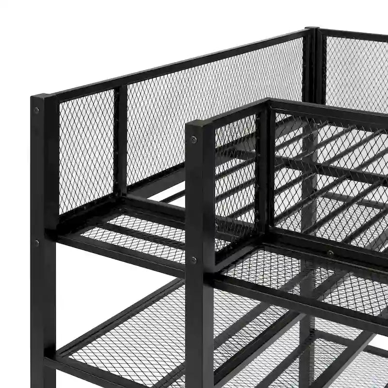 Metal Loft Bed with 4-Tier Shelves, Guard Rail and Under-Bed Workspace, Pink White Black