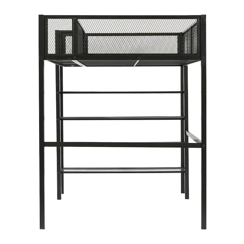 Metal Loft Bed with 4-Tier Shelves, Guard Rail and Under-Bed Workspace, Pink White Black