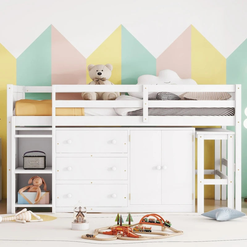 Twin Low Loft Bed with Pull-Out Desk, Cabinet, 3 Drawers and Shelves, White Gray