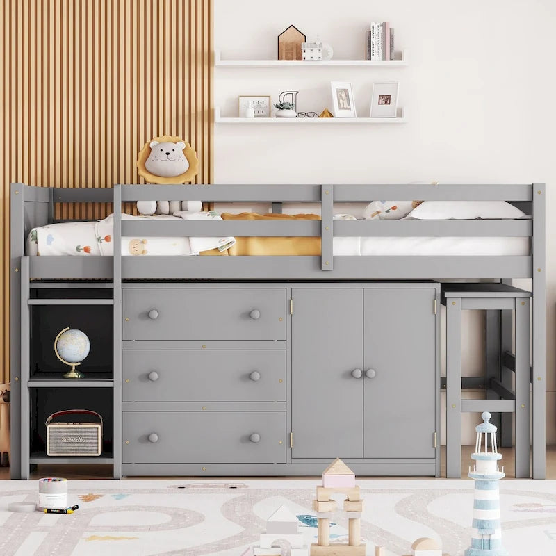 Niedriges Twin-Hochbett mit ausziehbarem Schreibtisch, Schrank, 3 Schubladen und Regalen, Weiß Grau