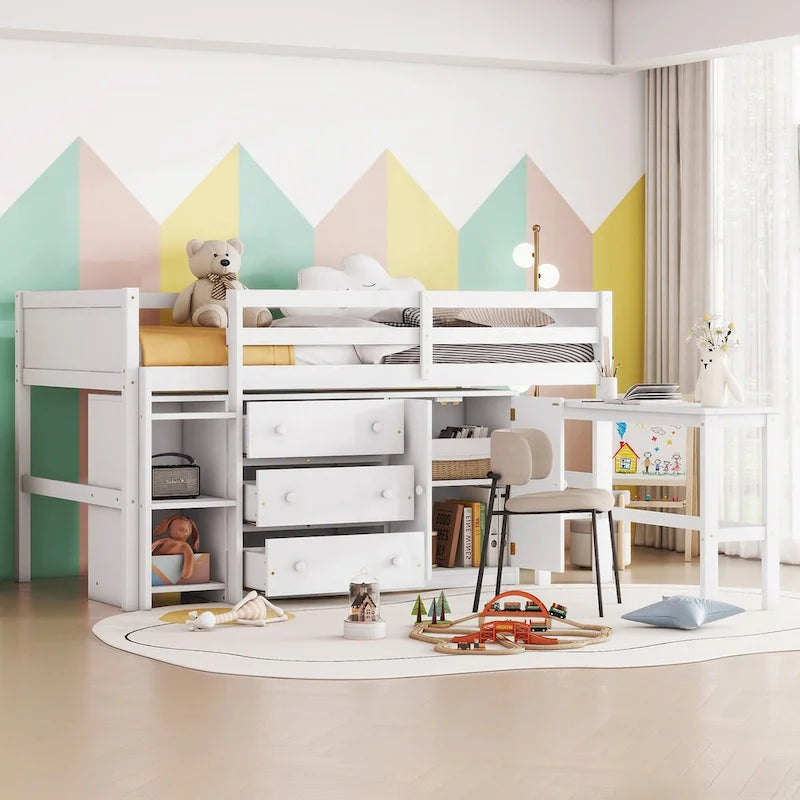 Twin Low Loft Bed with Pull-Out Desk, Cabinet, 3 Drawers and Shelves, White Gray