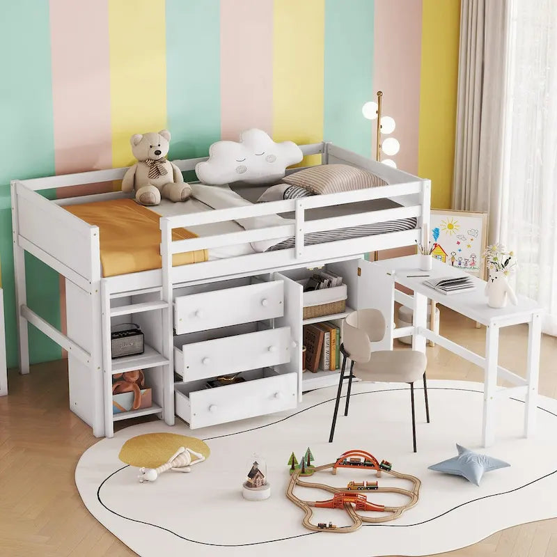 Twin Low Loft Bed with Pull-Out Desk, Cabinet, 3 Drawers and Shelves, White Gray