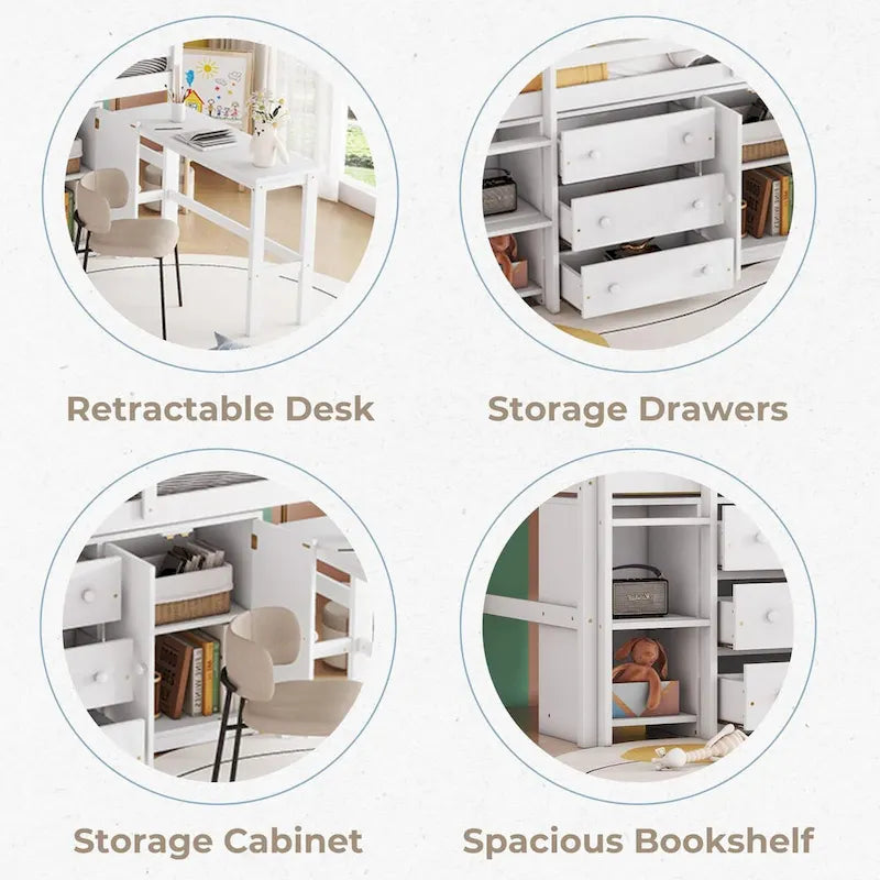 Twin Low Loft Bed with Pull-Out Desk, Cabinet, 3 Drawers and Shelves, White Gray