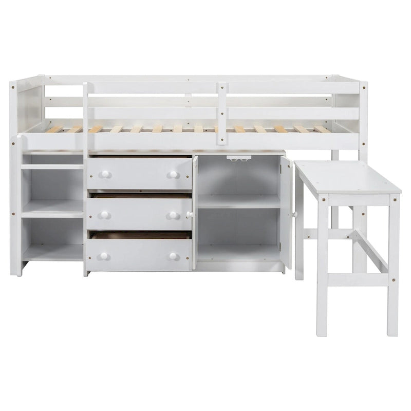 Twin Low Loft Bed with Pull-Out Desk, Cabinet, 3 Drawers and Shelves, White Gray