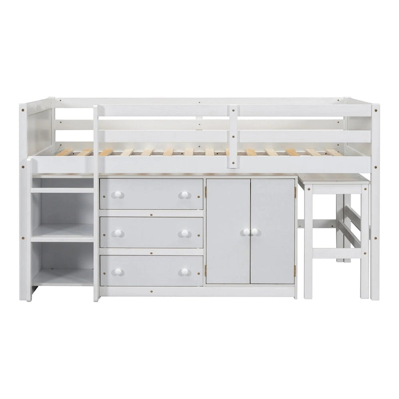 Twin Low Loft Bed with Pull-Out Desk, Cabinet, 3 Drawers and Shelves, White Gray