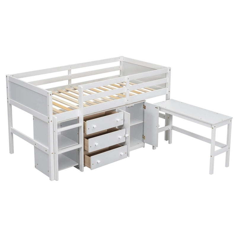 Twin Low Loft Bed with Pull-Out Desk, Cabinet, 3 Drawers and Shelves, White Gray