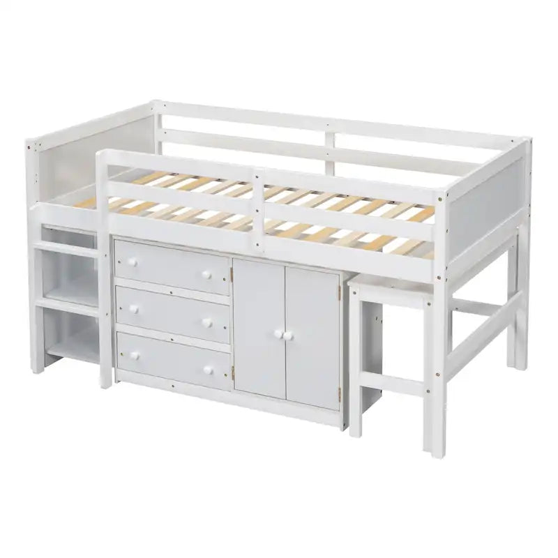 Twin Low Loft Bed with Pull-Out Desk, Cabinet, 3 Drawers and Shelves, White Gray