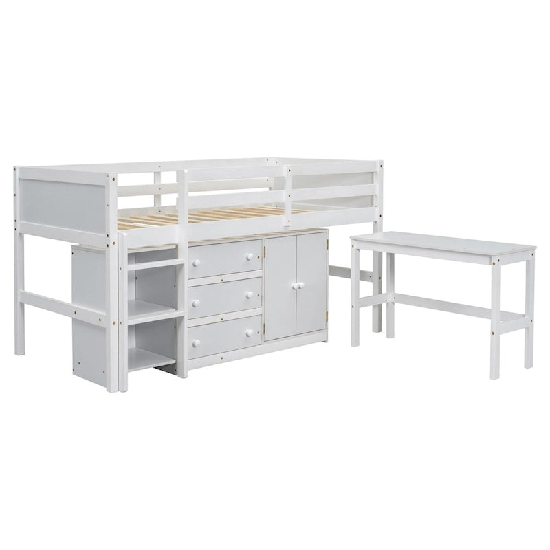 Twin Low Loft Bed with Pull-Out Desk, Cabinet, 3 Drawers and Shelves, White Gray