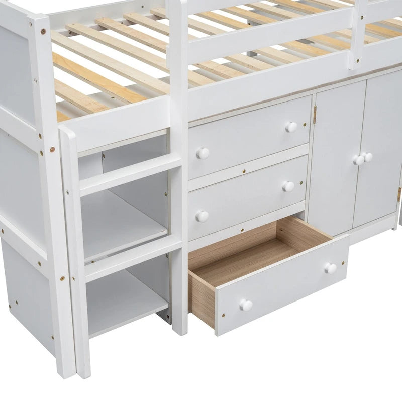 Twin Low Loft Bed with Pull-Out Desk, Cabinet, 3 Drawers and Shelves, White Gray