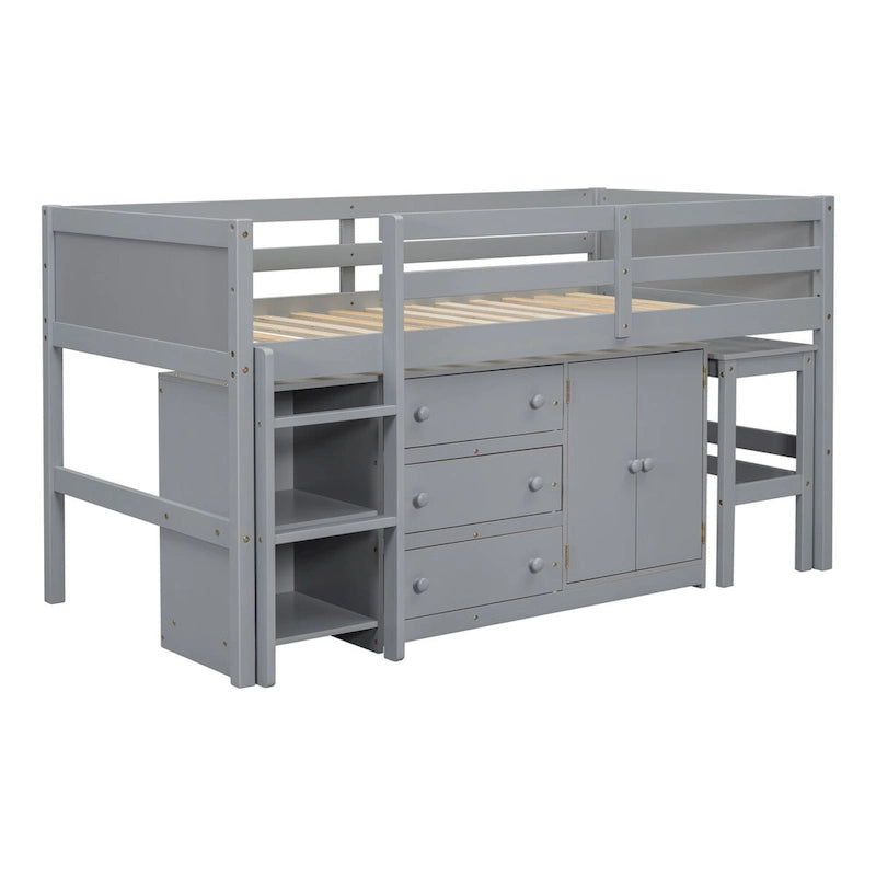 Twin Low Loft Bed with Pull-Out Desk, Cabinet, 3 Drawers and Shelves, White Gray