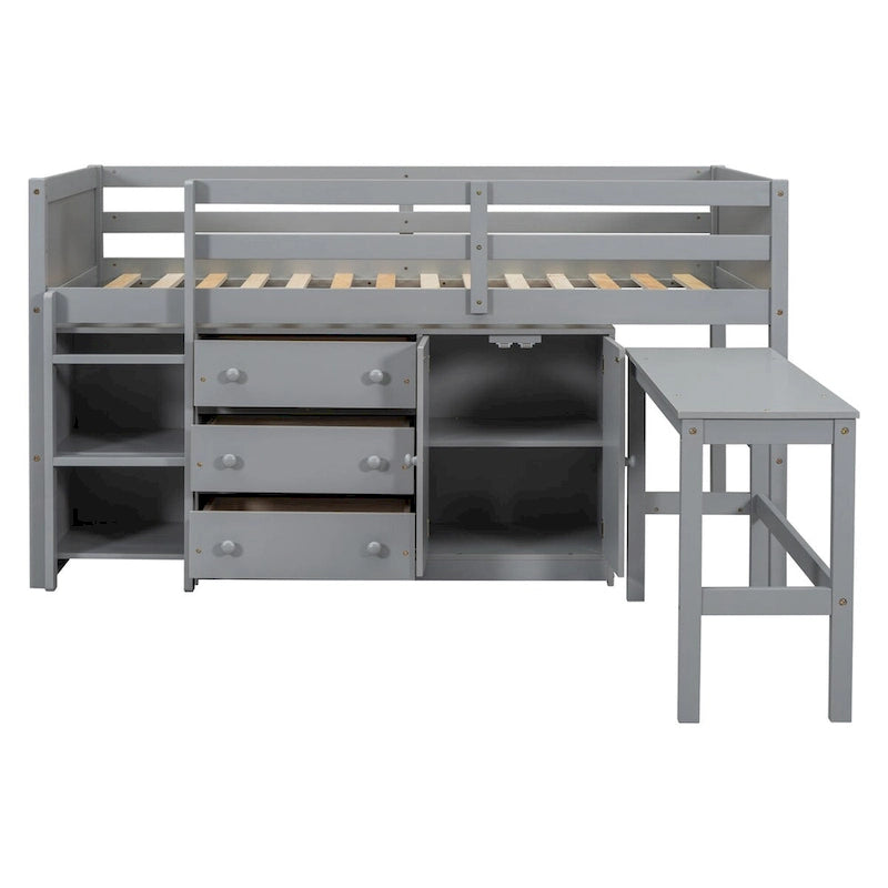 Twin Low Loft Bed with Pull-Out Desk, Cabinet, 3 Drawers and Shelves, White Gray