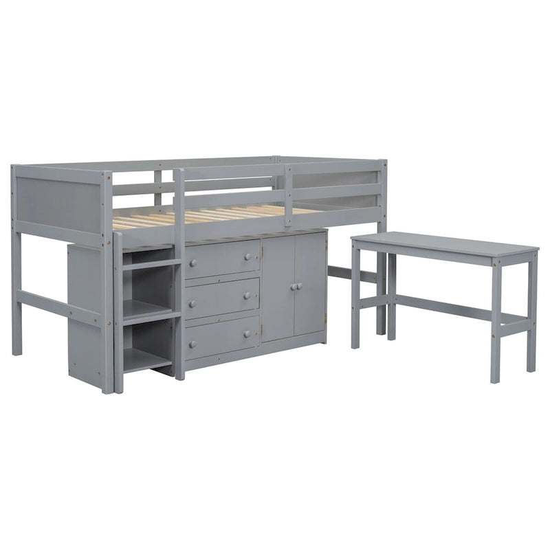 Twin Low Loft Bed with Pull-Out Desk, Cabinet, 3 Drawers and Shelves, White Gray