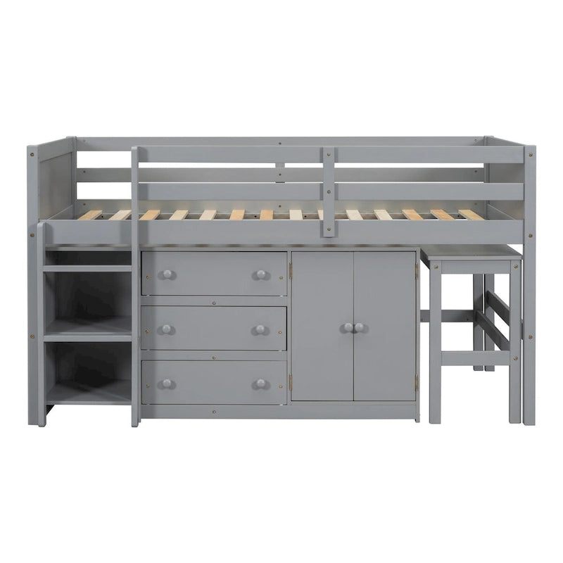 Twin Low Loft Bed with Pull-Out Desk, Cabinet, 3 Drawers and Shelves, White Gray