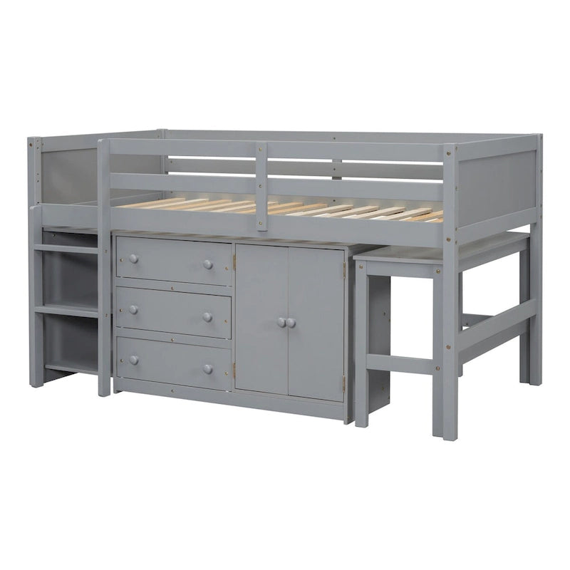 Twin Low Loft Bed with Pull-Out Desk, Cabinet, 3 Drawers and Shelves, White Gray