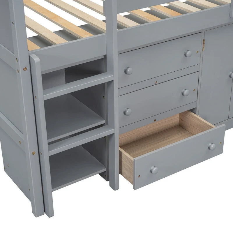 Twin Low Loft Bed with Pull-Out Desk, Cabinet, 3 Drawers and Shelves, White Gray