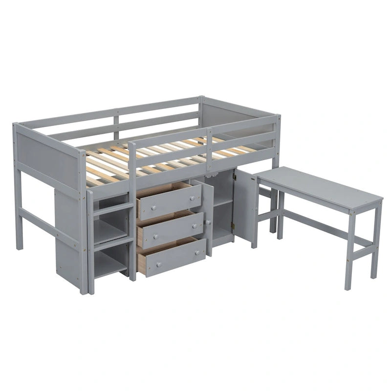 Twin Low Loft Bed with Pull-Out Desk, Cabinet, 3 Drawers and Shelves, White Gray