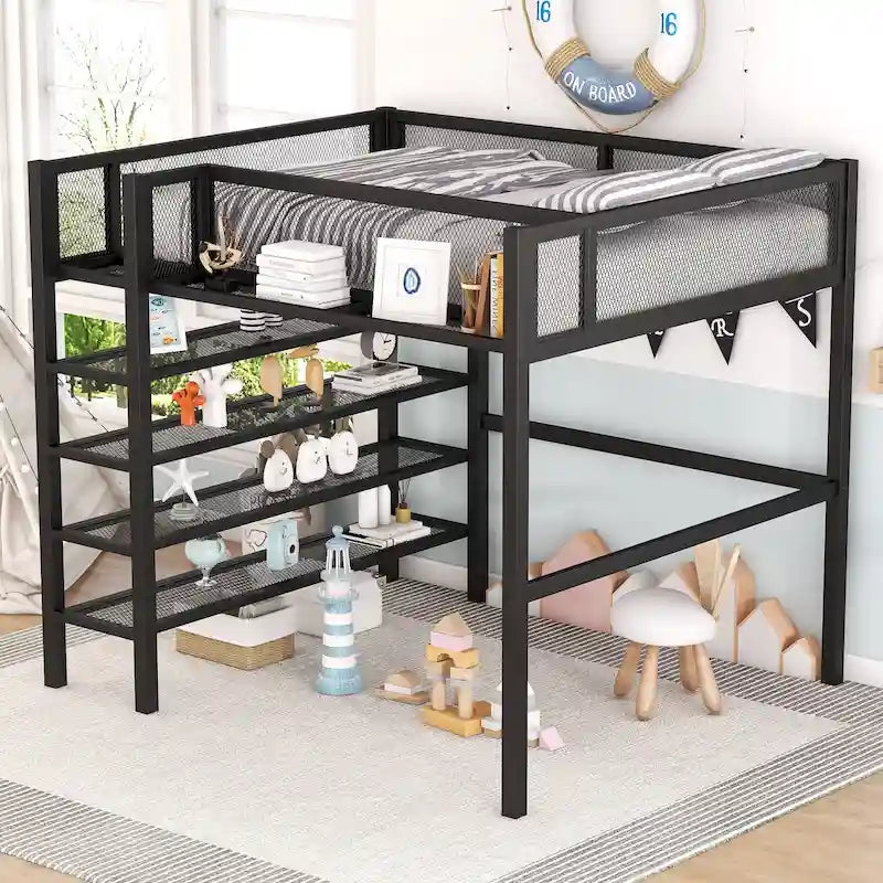 Full Size Metal Loft Bed with 4-Tier Shelves, Guardrail Side Storage, Black White Blue Pink