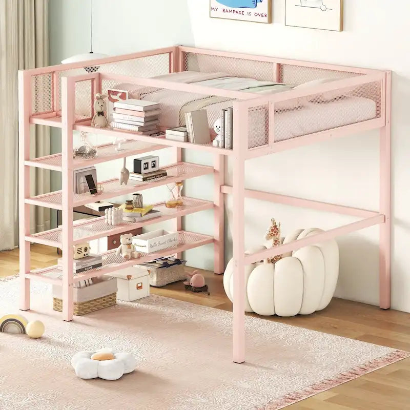 Full Size Metal Loft Bed with 4-Tier Shelves, Guardrail Side Storage, Black White Blue Pink