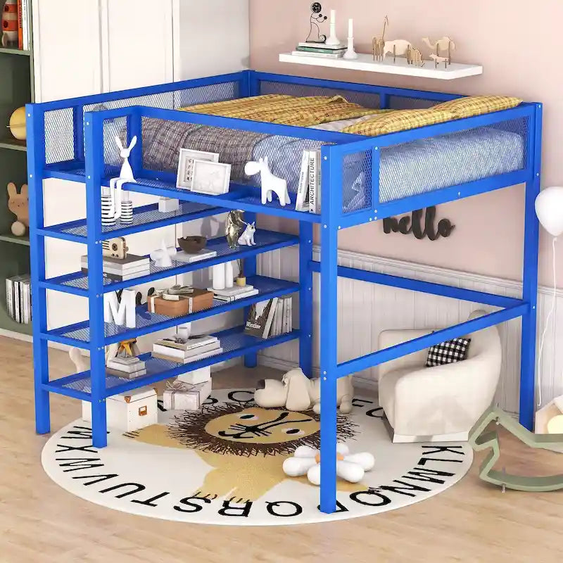 Full Size Metal Loft Bed with 4-Tier Shelves, Guardrail Side Storage, Black White Blue Pink